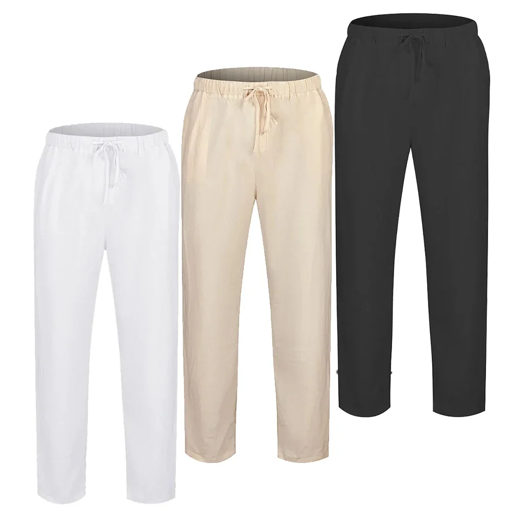 

Men's Linen Pants Beach Breathable Elastic Linen Trousers Fashion Multiple Pockets Drawstring Joggers Pants Men Casual Sweatpant