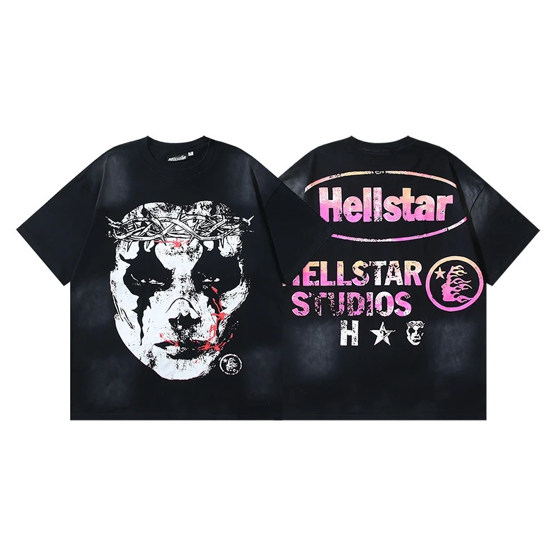 

HEII Hell Star Retro Waed Portrait Letter Print American High Street Loose ex ort Sve T-irt Youth Summer Faion