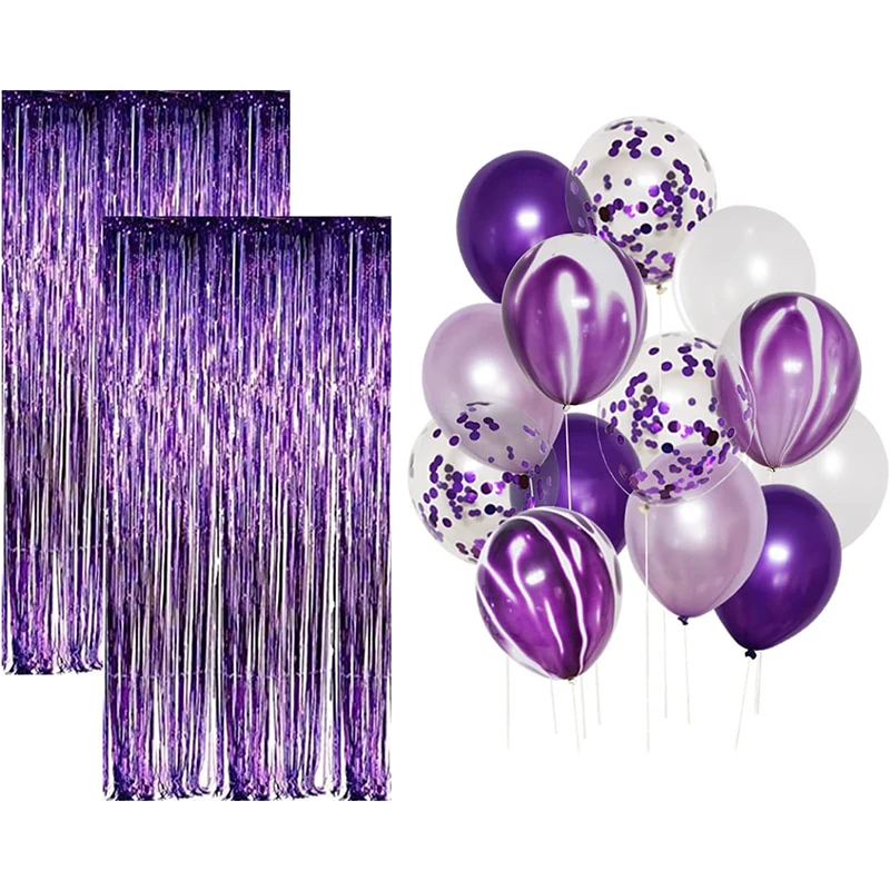 Purple Birthday Party Backdrops Decorations Lavender Foil Fringe Curtain Backdrop Purple White Balloons Graduation Wall Decor