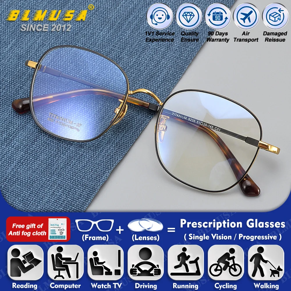 

BLMUSA (M) New Retro Polygonal Titanium Anti Blue Light Progressive Reading Glasses High Quality Men Myopia Photochromic Eyeware