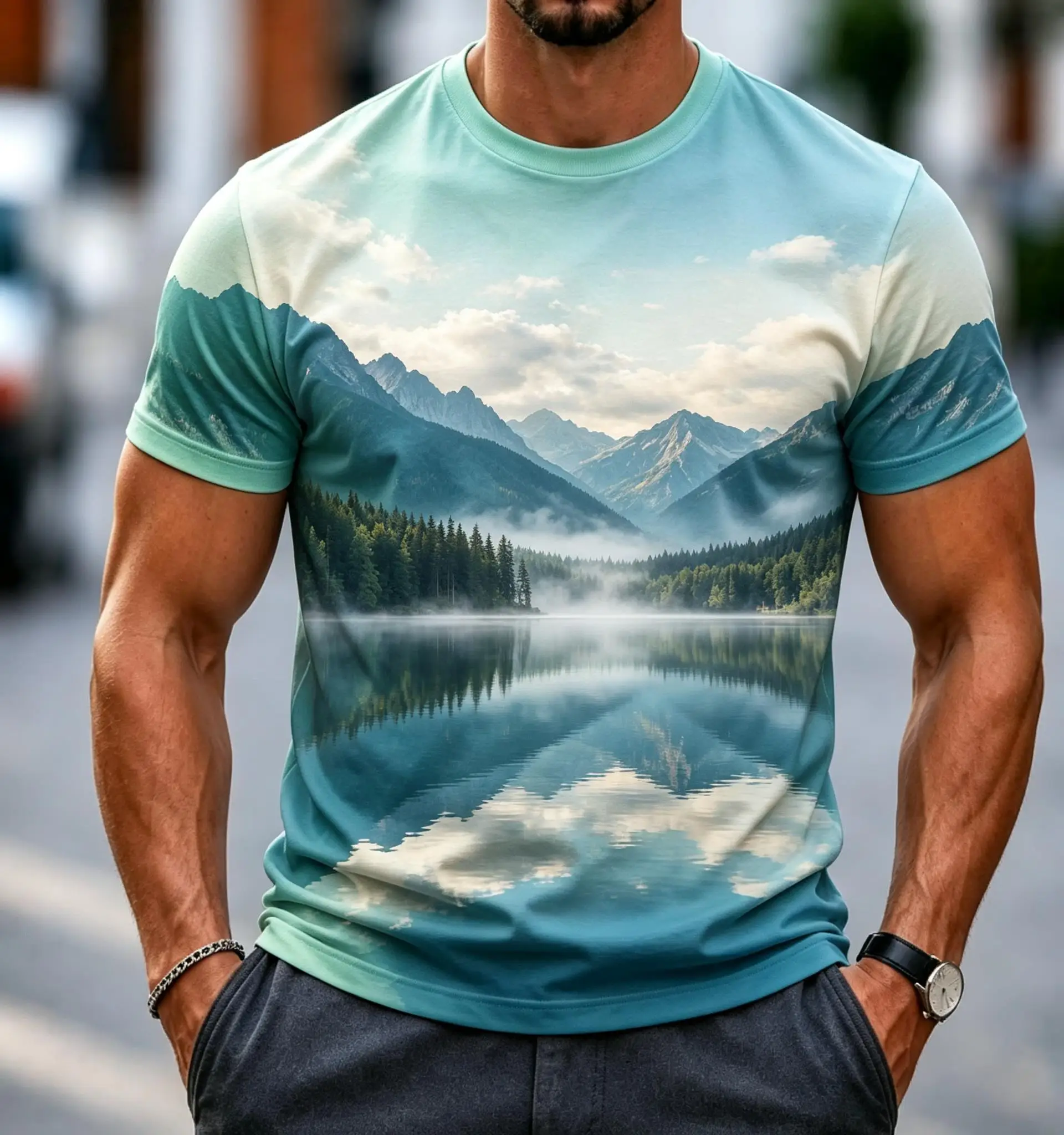 Men's 3D Mountain Lake Landscape Print T Shirt, Casual Round Neck Nature Scenery Short Sleeve Graphic Tops