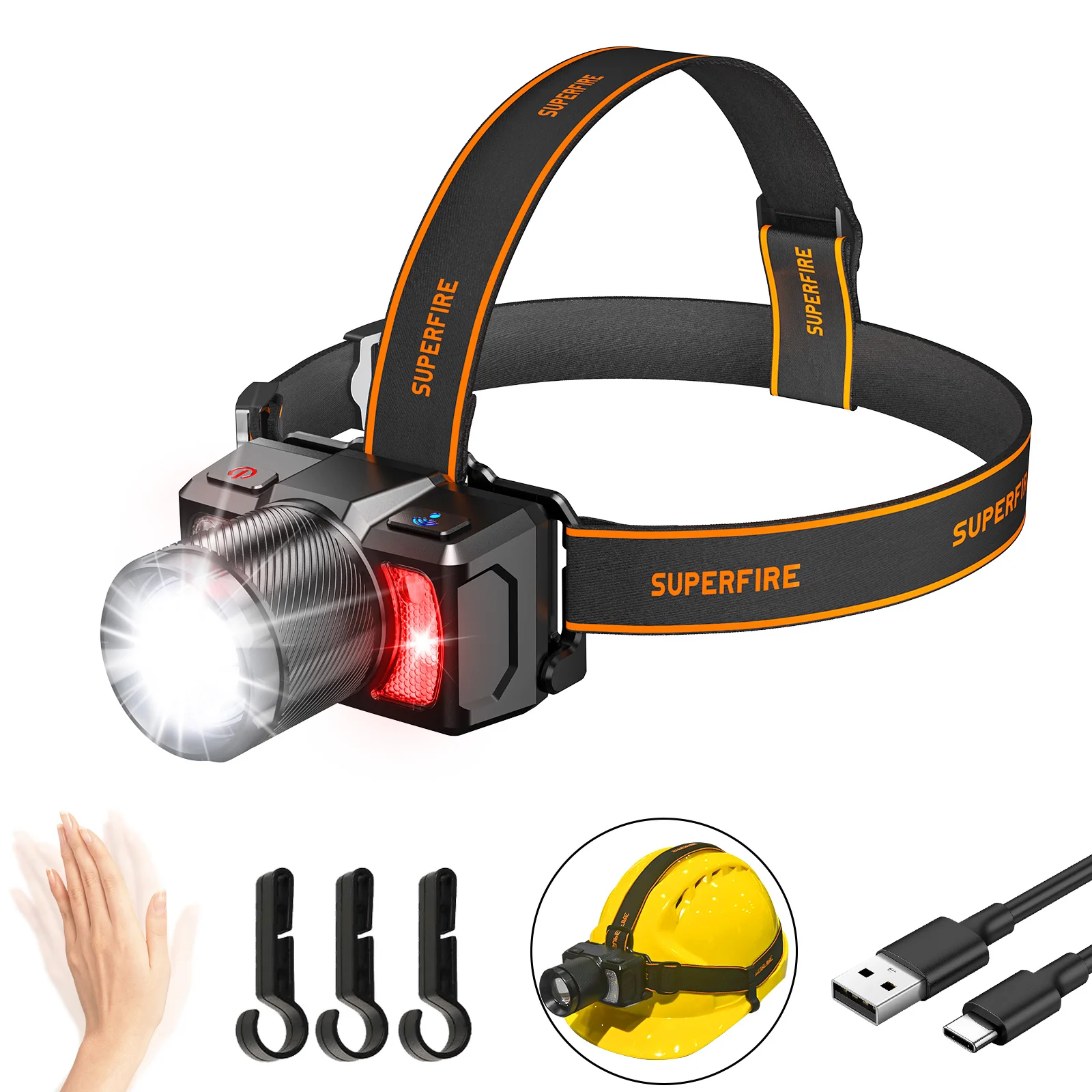 SUPERFIRE HL25 15W Powerful Zoomable LED/COB Headlamp with Motion Sensor USB-C Rechargeable Headlight Fishing Camping Lantern