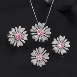 National Style Retro Earrings Necklace Ring Pink Crystal Daisy Flower Heart Shaped Love Women Jewelry Wedding Anniversary Gift