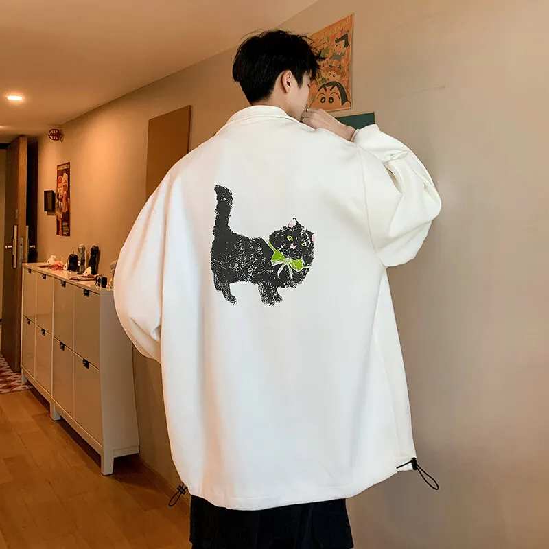 

Men's Oversized Jackets 5XL Artificial Suede Cat Print Coat Pu Leather Casual Wear Autumn Jacket Unisex Clothes Outerwear