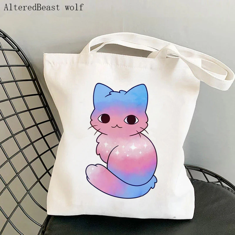 

Women Shopper bag Transgender Pride Cat Printed Bag Harajuku Shopping Canvas Shopper Bag girl handbag Tote Shoulder Lady Bag