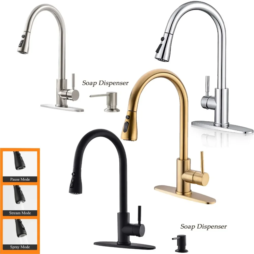 

Kitchen Sink Faucet Stainless Steel Pull Down Sprayer With Cover&Soap Dispenser