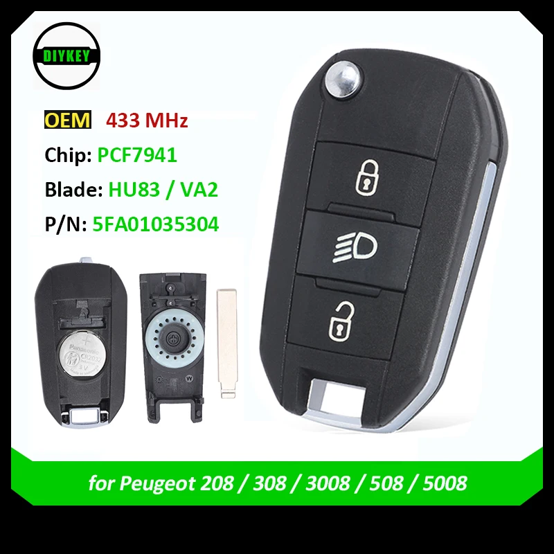 DIYKEY Oryginalny pilot zdalnego sterowania OEM z 3 przyciskami 434 MHz HITAG PCF7941 46 Chip do Peugeot 308 / 3008 / 508 / 5008 5FA01035304