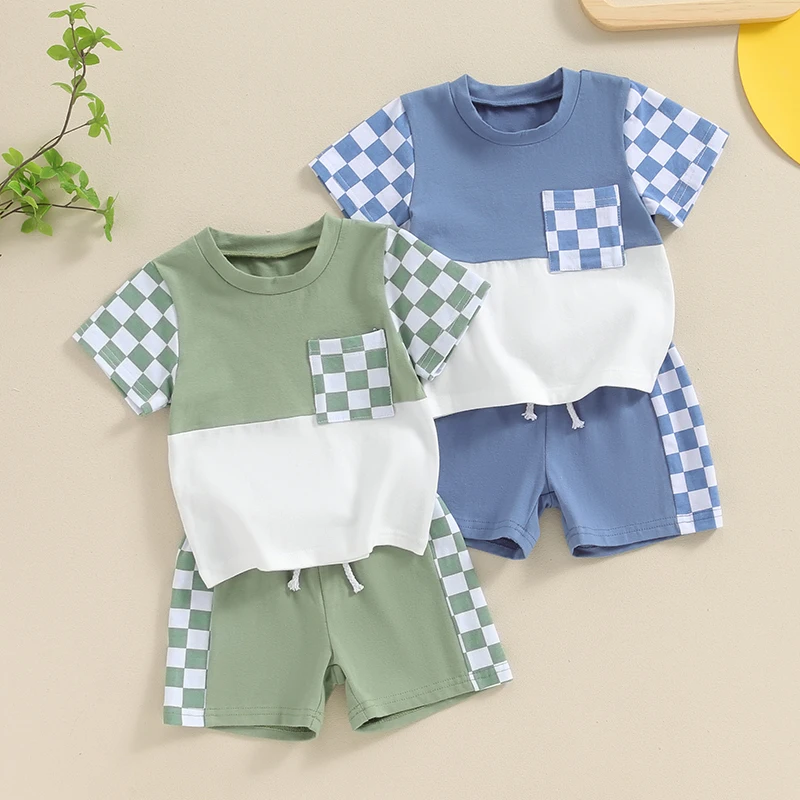 Kids Baby Boys Summer Shorts Sets Short Sleeve Checkerboard Print Tops + Drawstring Shorts Sets Toddler Clothes