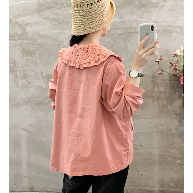 Women\'s New Spring Autumn Embroidered Cotton and Linen Peter Pan Collar Button Fashion Loose Casual Sweet Long Sleeve Shirt Tops