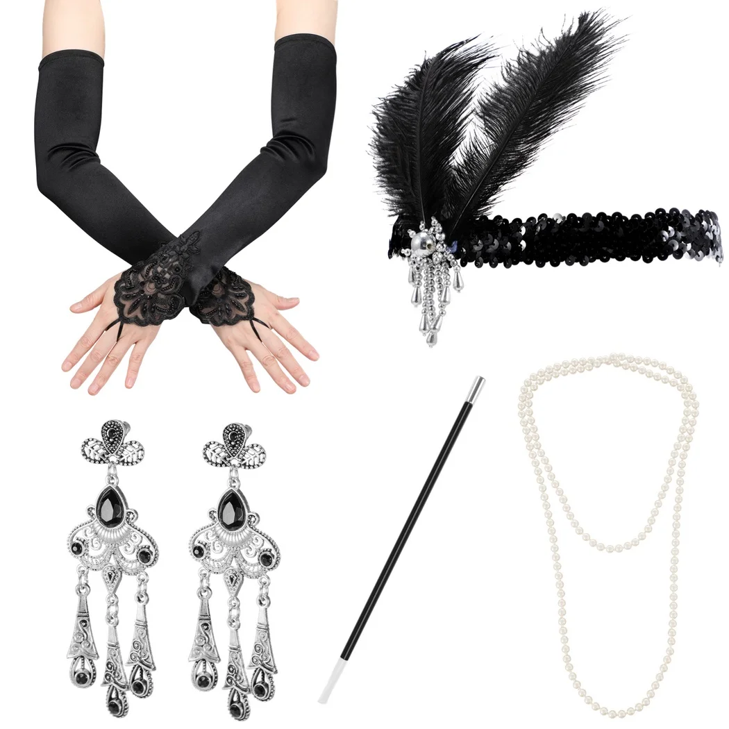 1920s Great Gatsby For Women Roaring Twenties’ Decor Accessories Set Flapper Headwear Pearl Necklace Satin Gloves Earrings