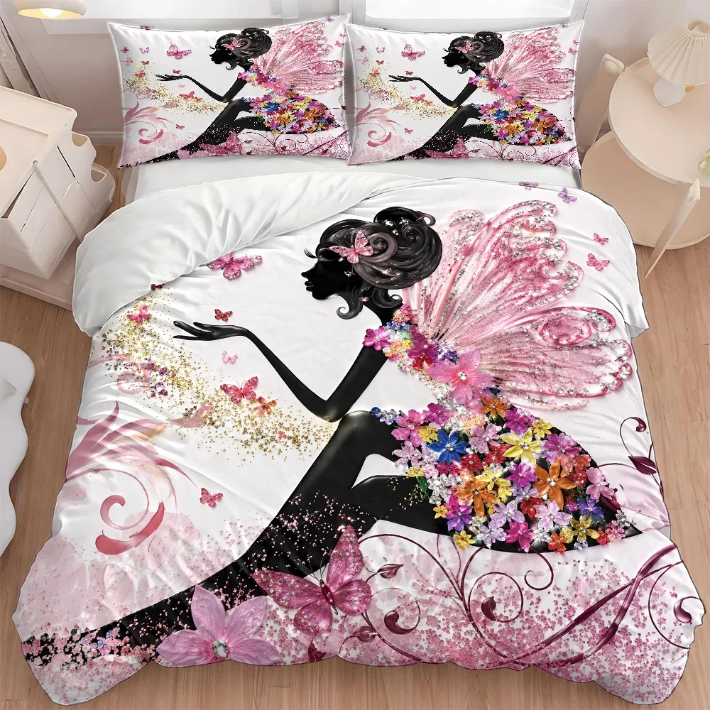 3Pc Dreamy Flower Fairy Theme Duvet Cover Set, Three-Piece Bedding Set (1*Duvet Cover + 2*Pillowcases), Suitable for All Seasons, Machine Washable, Invisible Zipper Double Bed Cover, Suitable for Home, Dormitory, Master Bedroom, Guest Room, Large Size Bedding Set, Exquisite Butterfly Floral Print Bedding, Light Luxury Shiny Decorative Bed Cover Set, Soft and Skin-Friendly Bedroom Bedding Set, Home Bedding Three-Piece Set 2D Flat Print