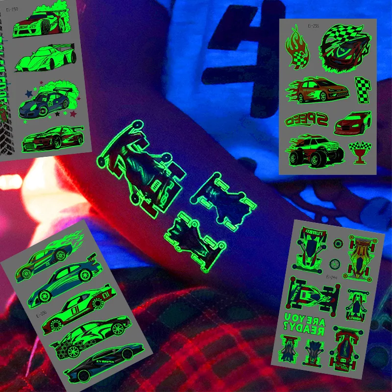 12 feuilles lumineuses voitures de course motos autocollants de tatouage temporaire, brillent dans la nuit Cool motos course compétition Patter