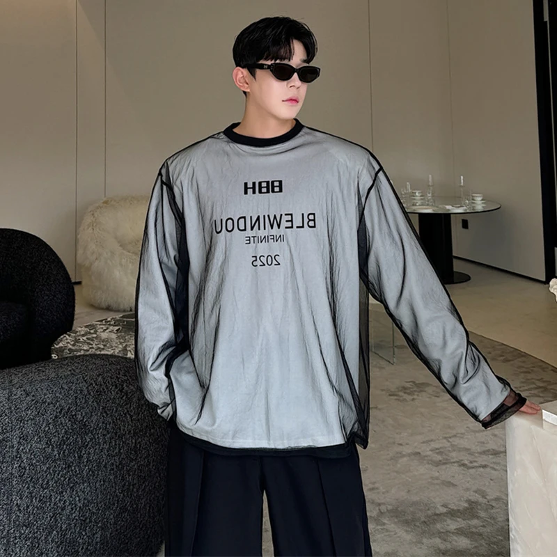 LUZHEN Two Piece Mesh Long Sleeved Bottom Shirt Letter Pattern Niche Design T-shirts Autumn Clothing Fashion New Tops LZ6499