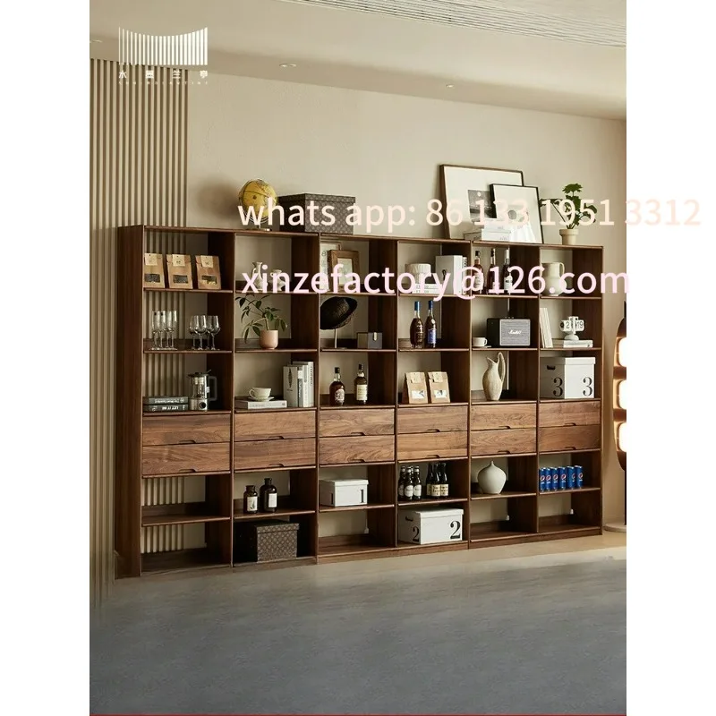 

North American black walnut bookshelf with drawers Solid wood bookcase Integrated wall storage display cabinet