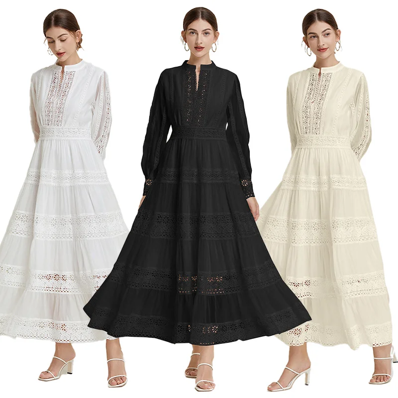 Autumn Woman French Fashion Vintage Dress Lace Lace Stitching V-neck Design Lantern Sleeve Dress Long Sleeve Skirt