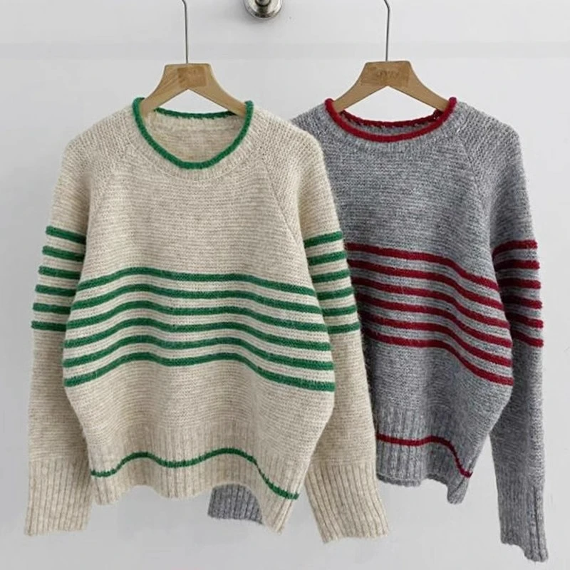 

AOSSVIAO 2025 Korean O-neck Striped Knitwear Sweater Women Retro Casual Versatile Pullovers Autumn Winter Warm Long Sleeve Tops