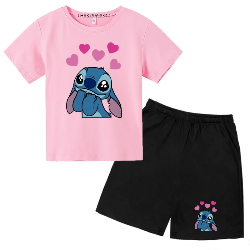 Anime Print Stitch Children Round Neck T-shirts+ Shorts Sets Suitability 2-12 Years Boys Girl Tshirts Casual Summer Short Sleeve