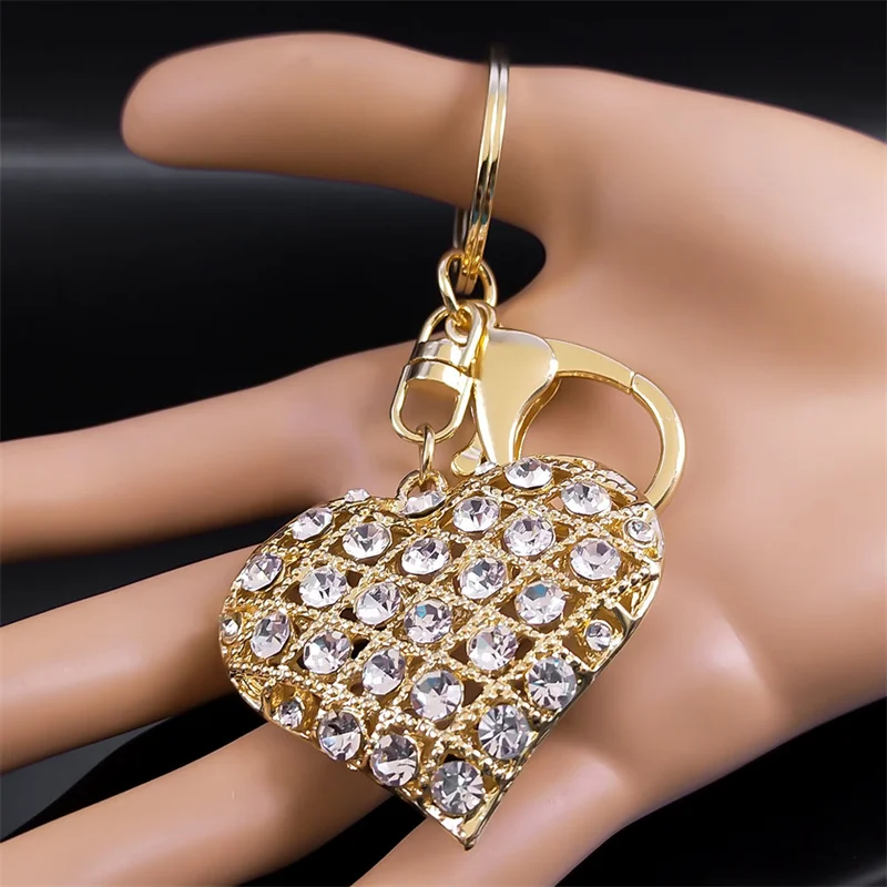 Full Shiny Rhinestone Heart Key Chain for Women Gold Color Crystal Keychain Bag Car Pendant Accessories Jewelry Gifts K5256S04