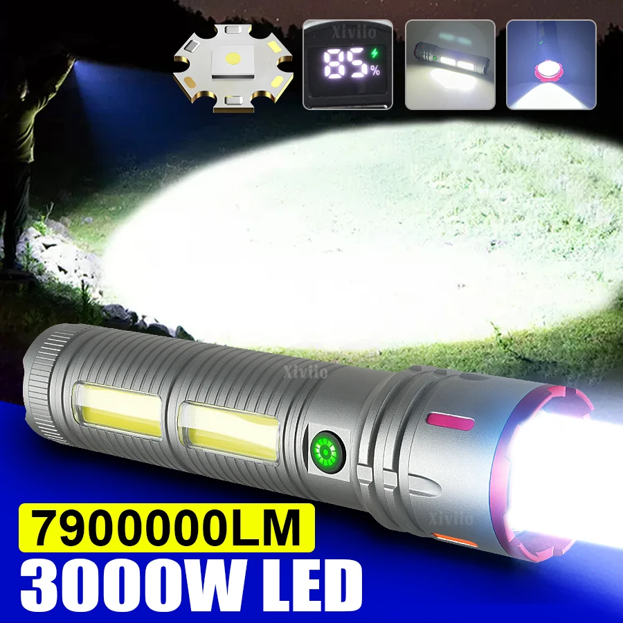 7200mAh Use 36h Ultra Powerful Flashlight Rechargeable Torch with COB Side Lights  Lighting 6000M Most Powerful LED Flashlight