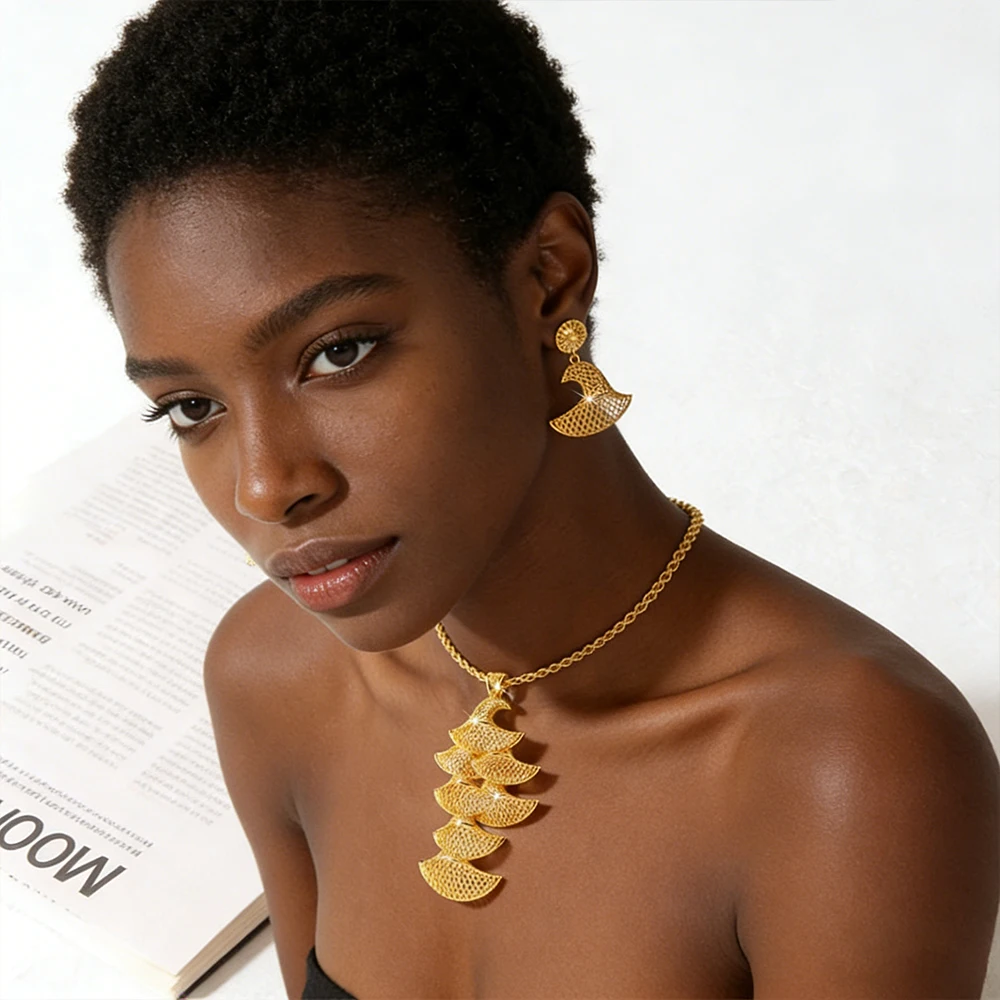

Classic Gold Color Necklace Drop Earrings 2Pcs Set African Fashion Designs Chain Pendant Earrings Jewelry Party Wedding Lady Set
