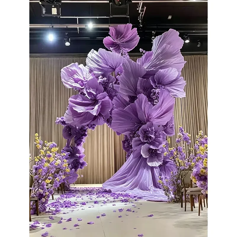 Crinkled Paper Giant Flower Arch With Tulle Drape Wedding Ceremony Backdrop Stage Photo Booth Decor Prop