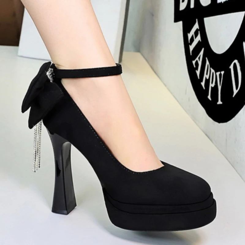 High Heels Women 2026 Summer New Fashion Suede Face Pointed Toe High Heel Sandals Bow One Word Buckle Thick Heel Women's Shoes view 4
