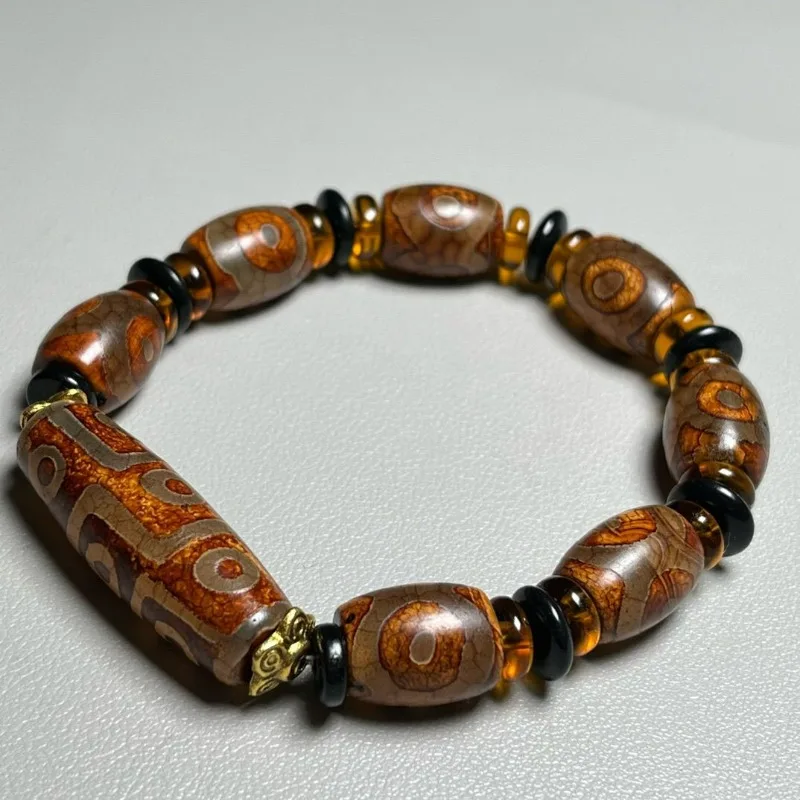 Natural Tibetan Dzi Bead Bracelet, Three Eyes Nine Eyes Agate Chalcedony Prayer Beads, Retro Ethnic Unisex Jewelry