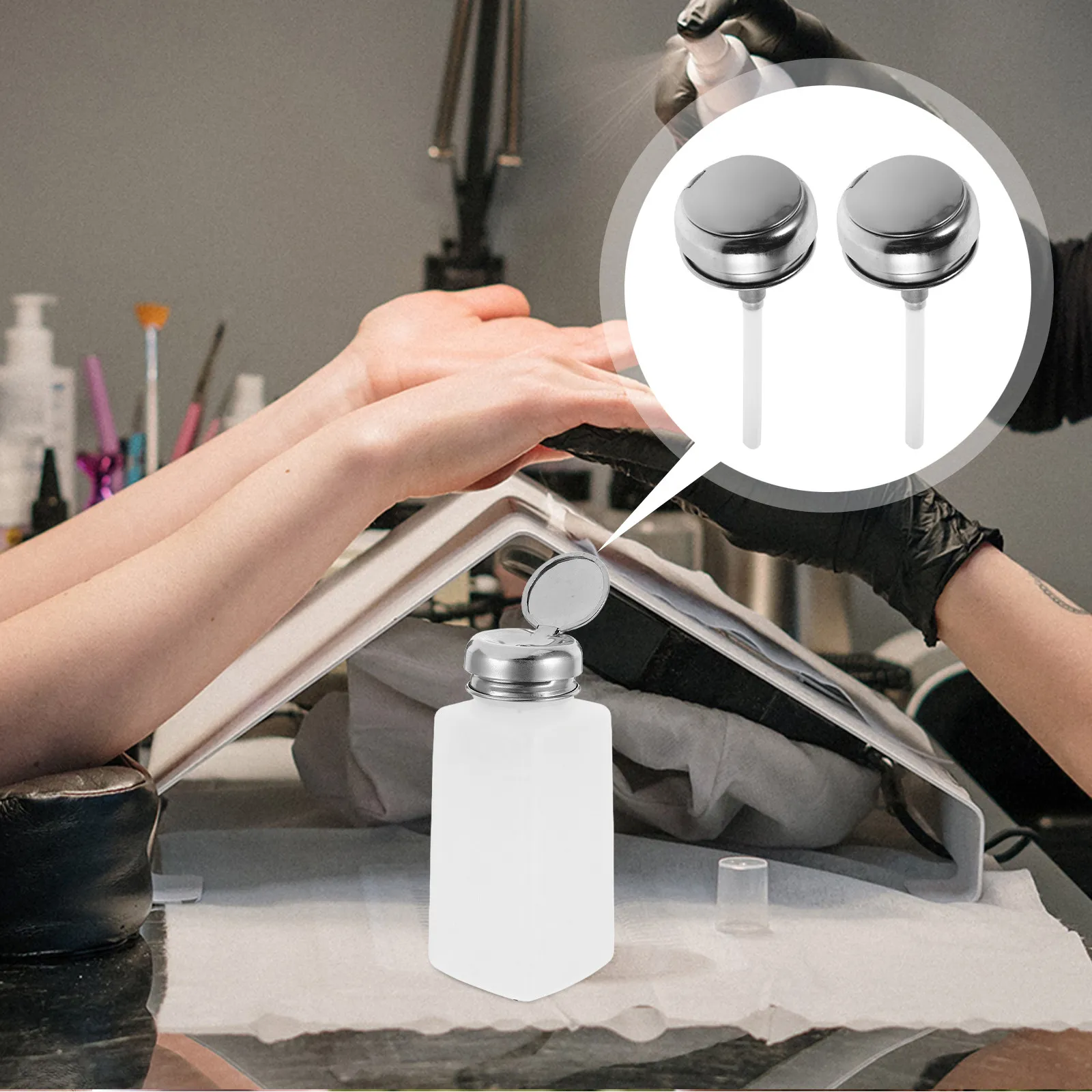 5Pcs Stainless Steel Aluminum Push Down Pump Bottle Cap Alcohol Dispenser Lid Refillable for Cleaning Supplies Lab Beauty Makeup view 2