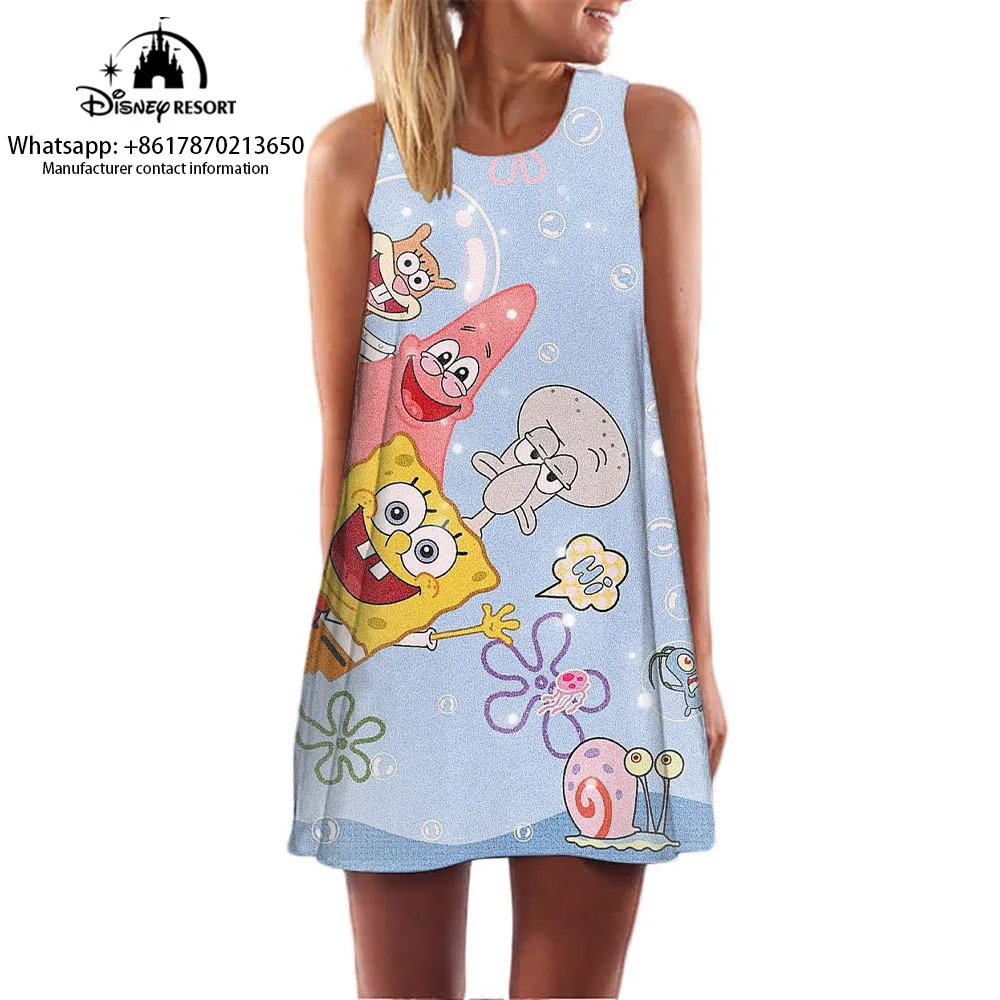 New Women's Summer Dress 2024 New Arrival Cartoon 3D Spongebob Print Women's Pullover Dress Sleeveless