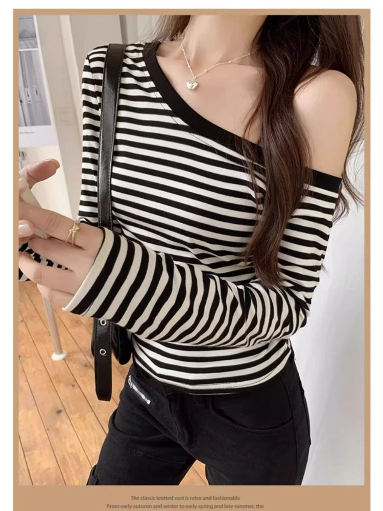 Korean-style striped off-the-shoulder top women' summer fall sexy  slim and hot girl  tops y2k slimming long-sleeve clothes