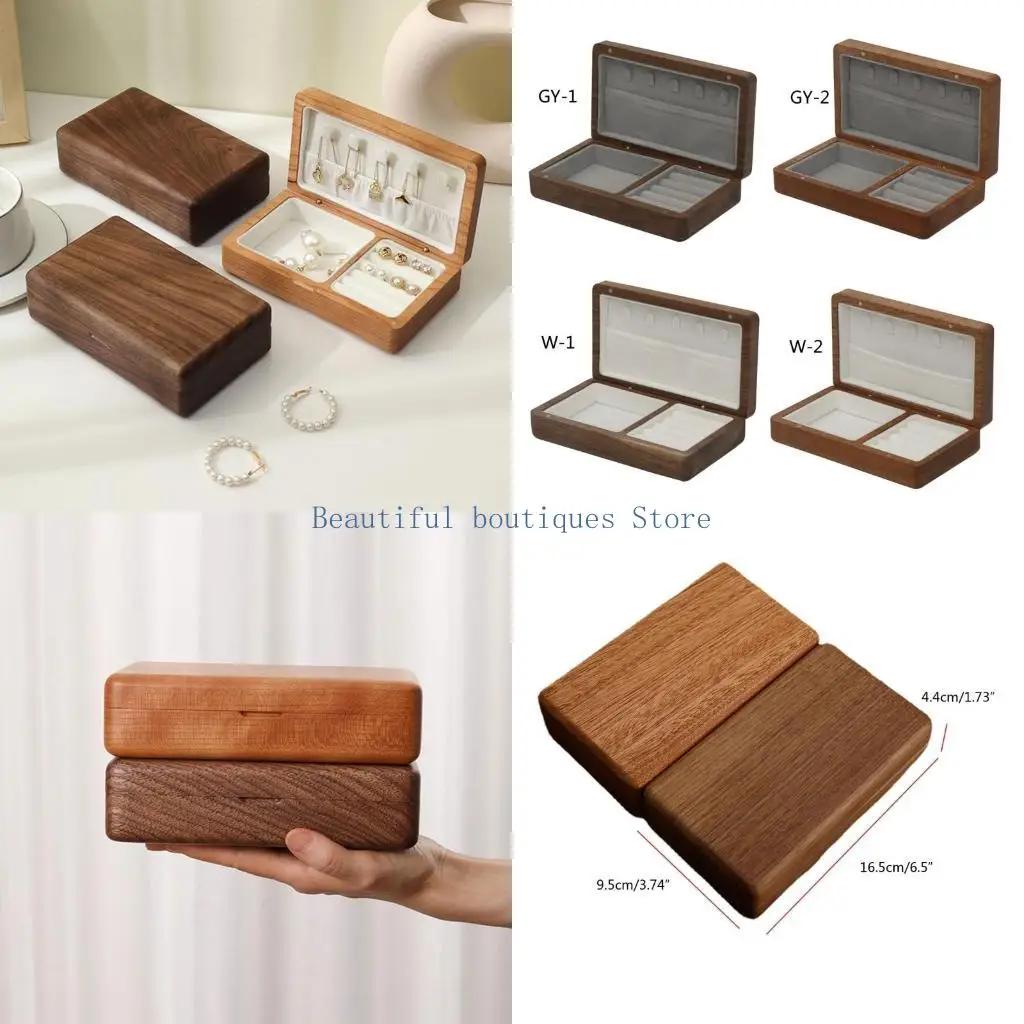 

U4LF Portable Flannelette Jewelry Storage Box High-end Luxurious Black Walnut Vintage Necklace Earrings Portable Travel Case
