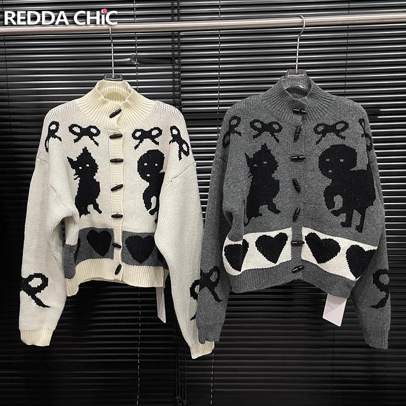 REDDACHiC Cartoon Horn Button Down Cardigan Sweater Women Horn Button Down Ribbon Cat Knitted Jacket Casual Fall Winter Outwear