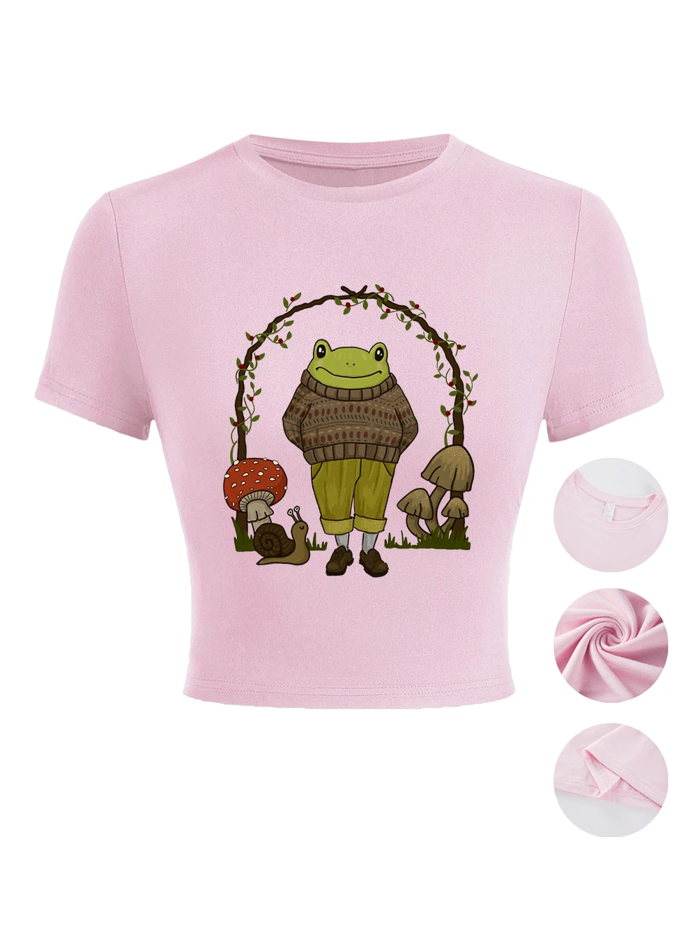 Goblincore Frog bedruckte Damen-Crop-Tops für den Sommer, O-Ausschnitt, eng anliegende, schmale T-Shirts, hochelastisches Kurzarm-T-Shirt, sportliche, weiche Kleidung