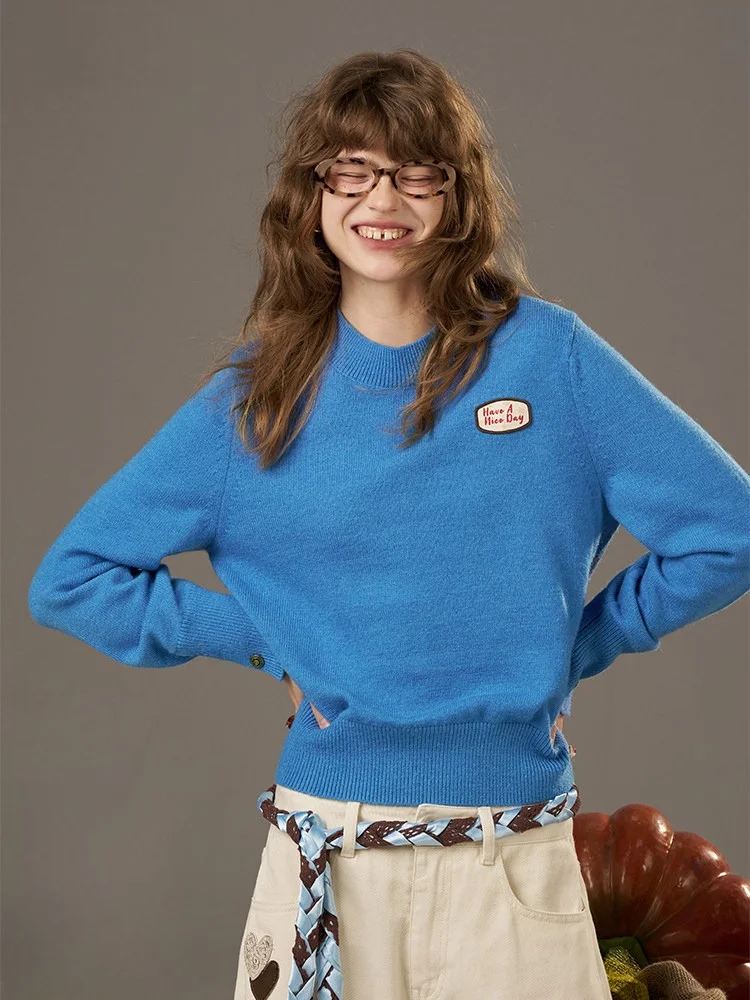 

Elfsa ort Knitted round Ne Sweater Embroidered Design Thiened Long Sve Loose Fit Polyester Nylon Wool Blend Top