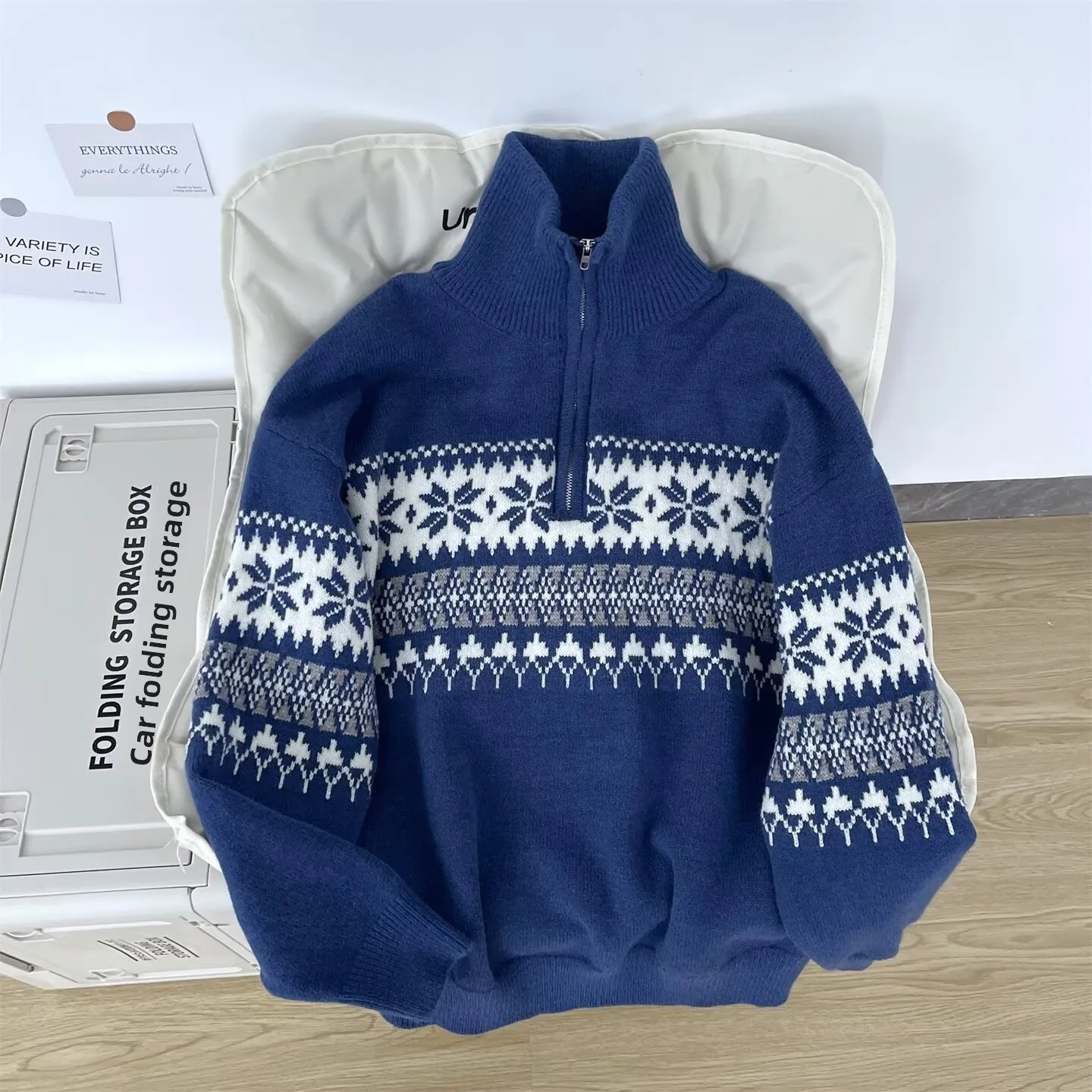 

Мужской вязаный свитер в американском ретро-стиле с высоким воротником на молнии, свободный повседневный, с вышивкой в стиле Фейр-айл