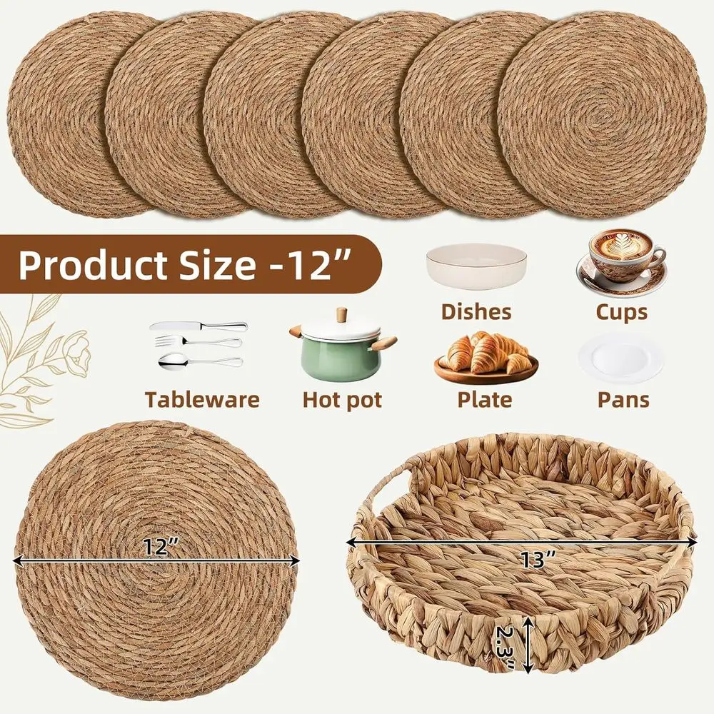 Lot de 6 12 sets de table tissés en queue de chat de ferme avec support de panier en rotin, parfaits pour l'automne, la fête, le Thanksgiving, la salle à manger de Noël