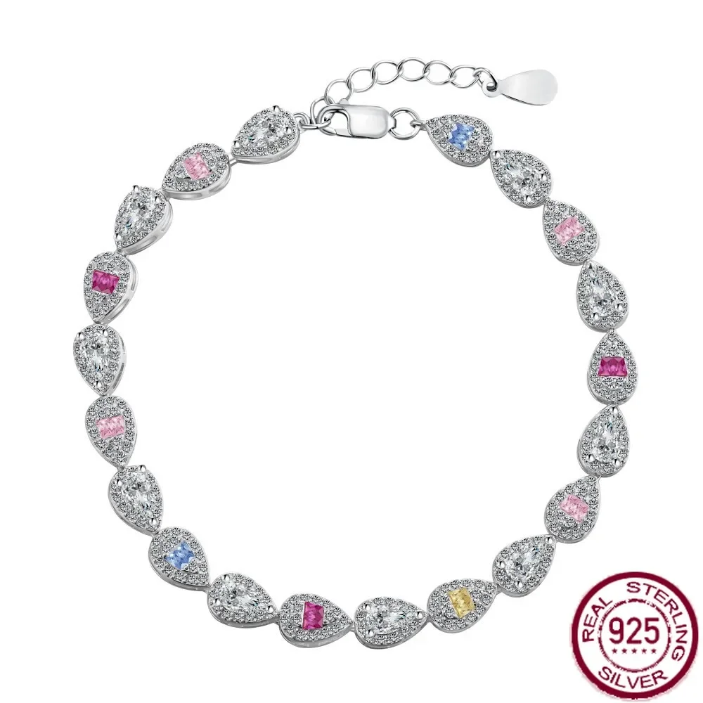 

New S925 Sterling Silver Women's Bracelet with Colorful Zircon Inlaid Water Droplet Full Diamond Design for Wedding Jewelry