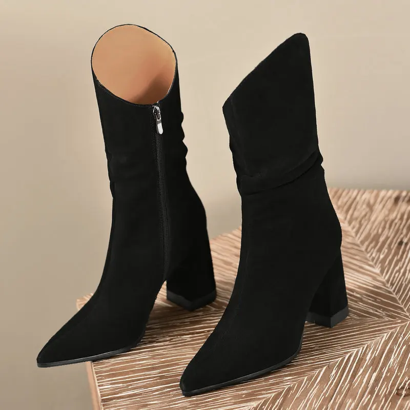 

Full Cow Suede Leather Women Mid-calf Boots Pointed Toe High Heels Fashion Concise Sexy Autumn Winter Party Shoes Woman Size 43