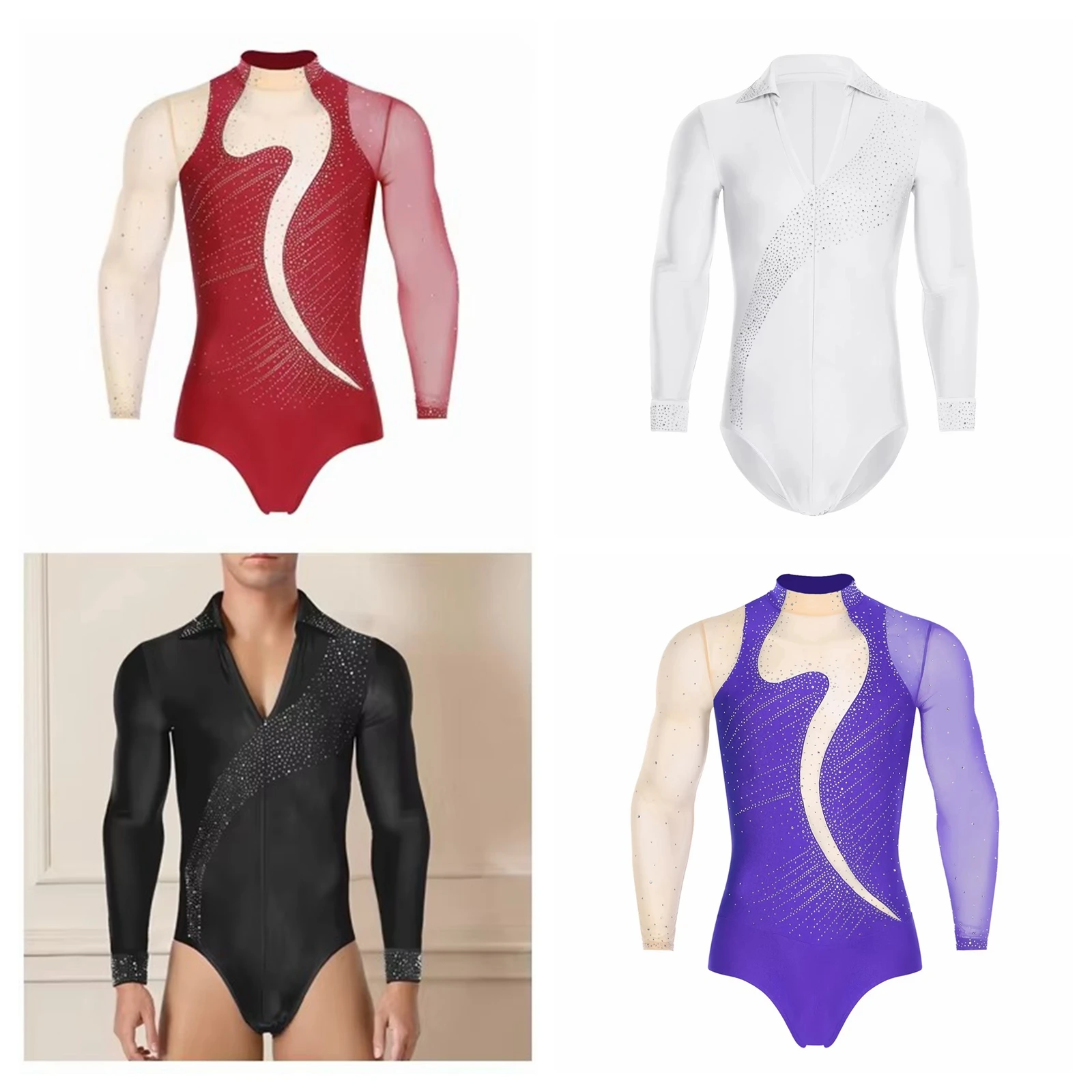 

Men's Latin Dance Leotard Shirts Bodysuits Samba Salsa Tango Jumpsuit Shiny Rhinestone Modern Rumba Chacha Ballroom Dancewear