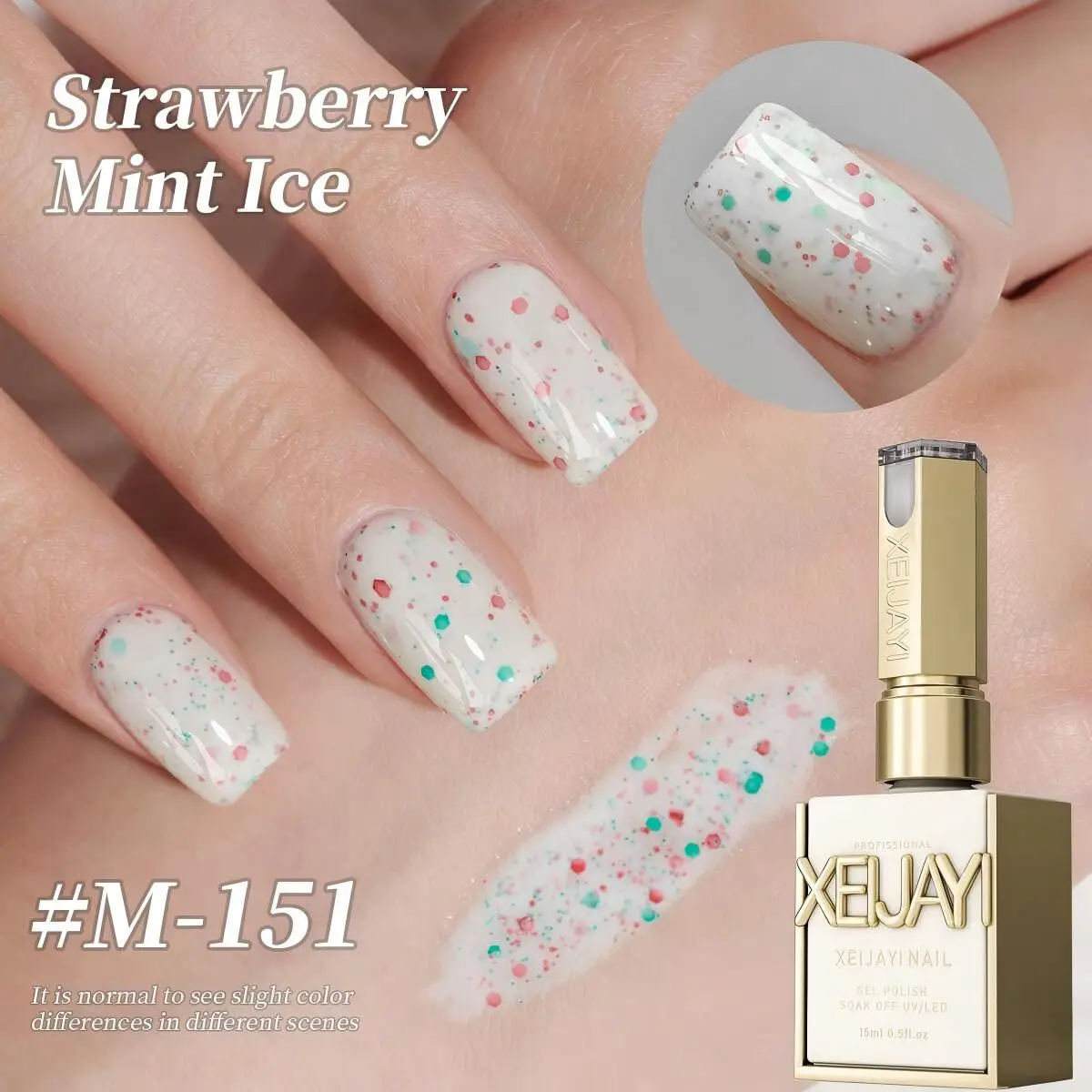 

XEIJAYI 1pc Strawberry Mint Ice Gel Nail Polish, Pastel Green & Pink Sparkling Glitter Gel