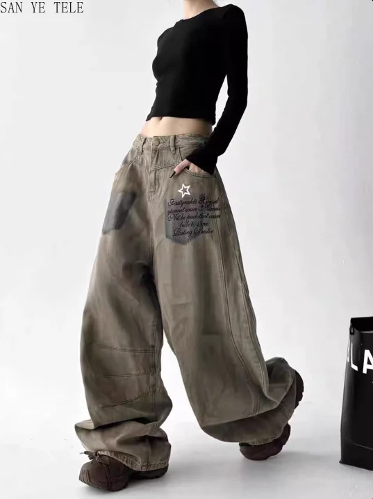 الهيب هوب سكين منحني واسعة الساق الجينز النساء الرجعية القذرة مصبوغ مطبوعة واسعة الساق فضفاضة عادية Y2K موضة الشارع عالية الخصر السراويل