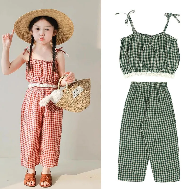 

Лето 2021, комплекты одежды для девочек, клетчатая майло + брюки, костюмы из 2 предметов для детей, комплекты детской одежды, одежда для малышей, От 1 до 8 лет