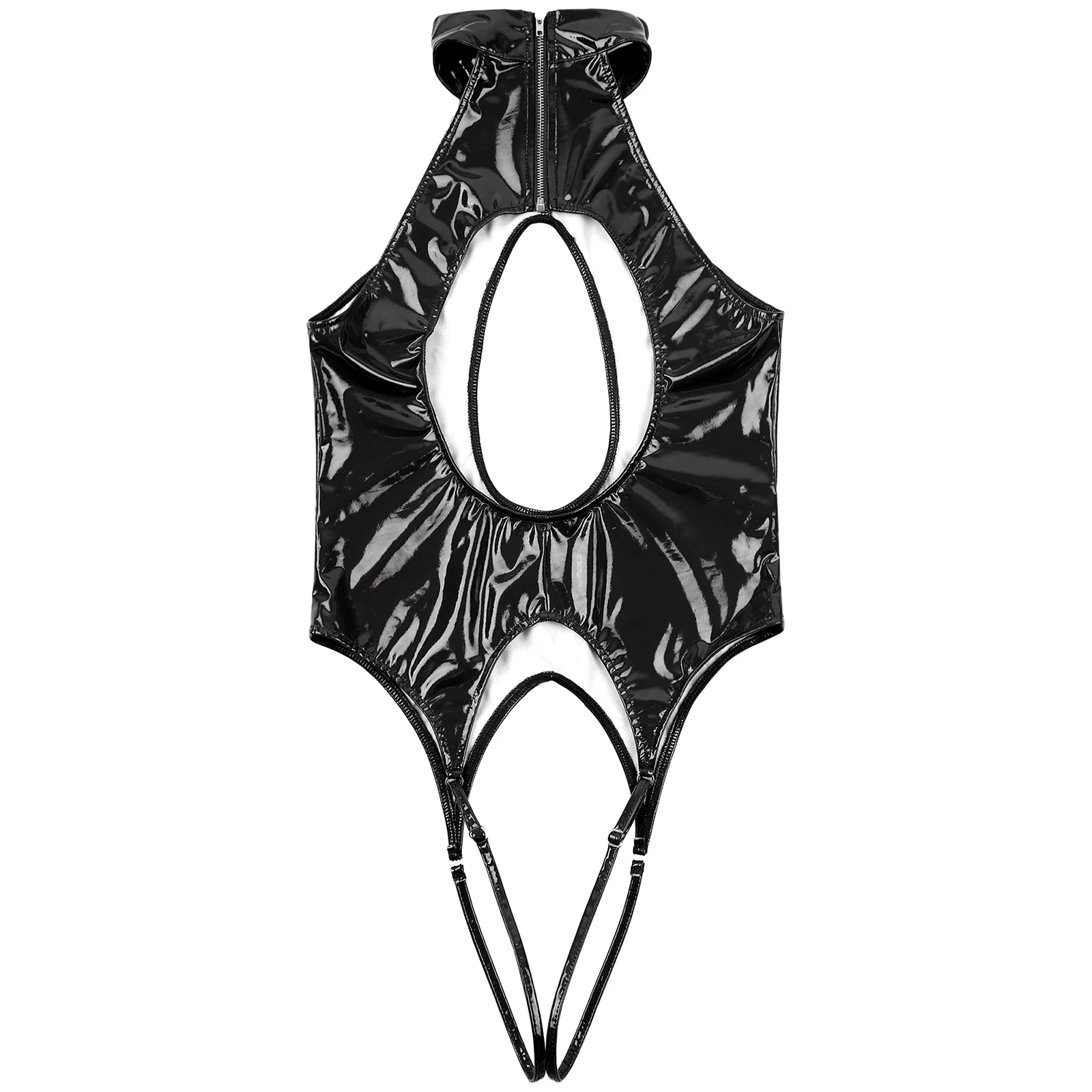 Mens Wetlook Patent Leather One Piece Bodysuits Halter Cutout Front and Back Crotchless Lingerie Sexy Teddy Club Dancewear