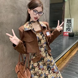 Large Size Women's Autumn American College Teddy Bear Suspender Dress Suede Short Leather Jacket Women's Motorcycle Set