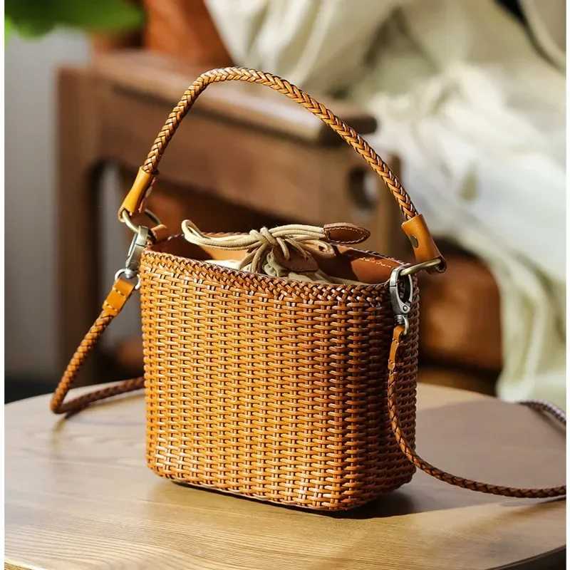 

Vintage Exquisite Women's Wallet Cowhide Woven Shoulder Bag Canvas Inner Bag Travel Organizer Daily Commuting Storage Box