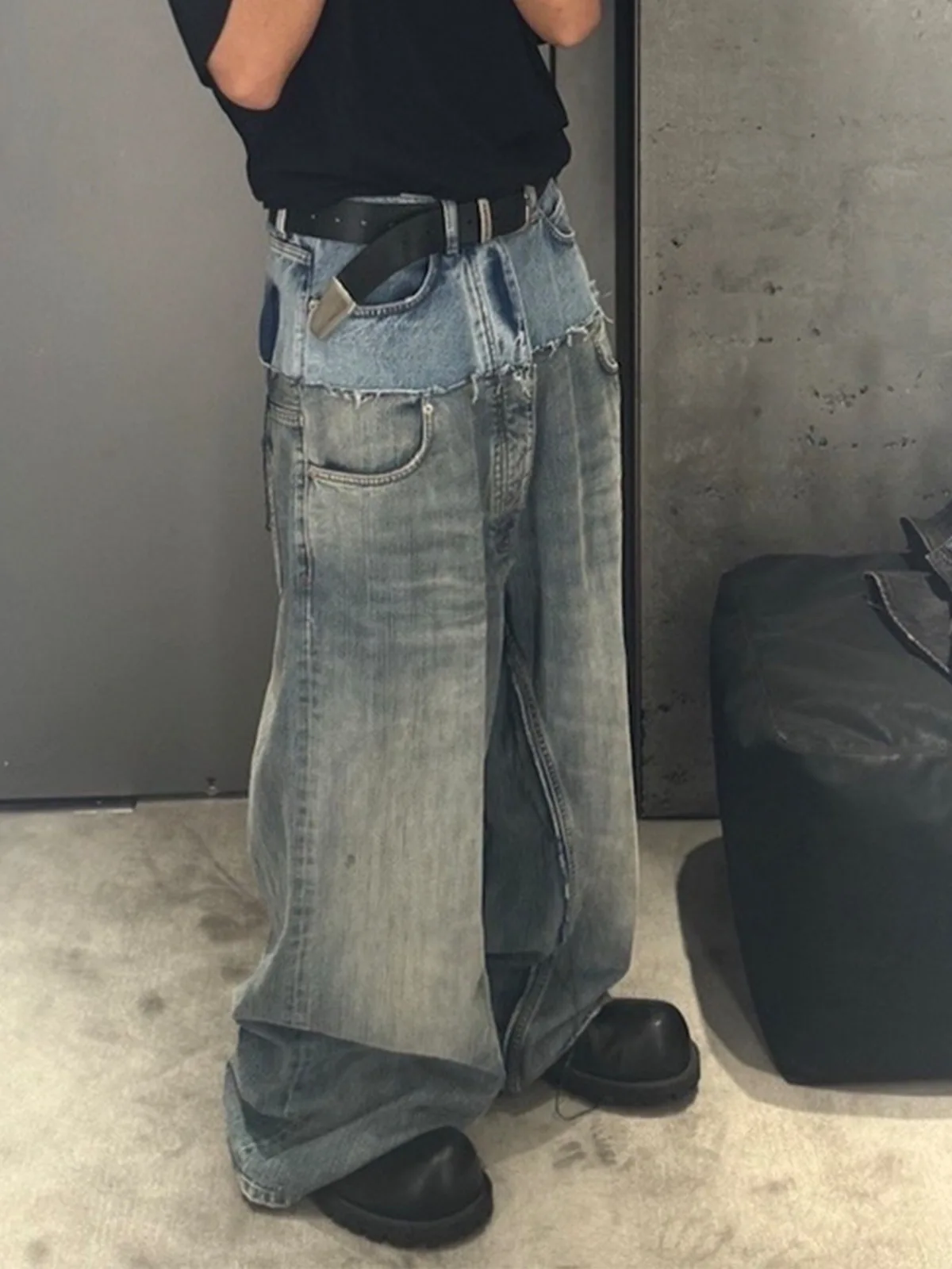 MIJKO Unisex Cut-Up Double Waist Spliced Baggy Jeans Cat Whisker Destruction Double Layer Wide Leg Denim Trousers