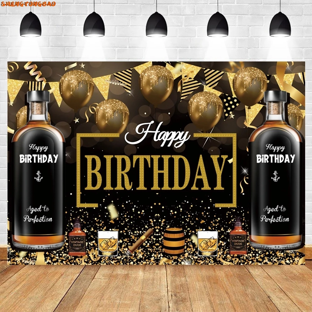 Toile de fond de photographie joyeux anniversaire, bière acclamations, or, paillettes, ballon, vin, planche en bois, décor de fête, arrière-plan, accessoires de studio photo