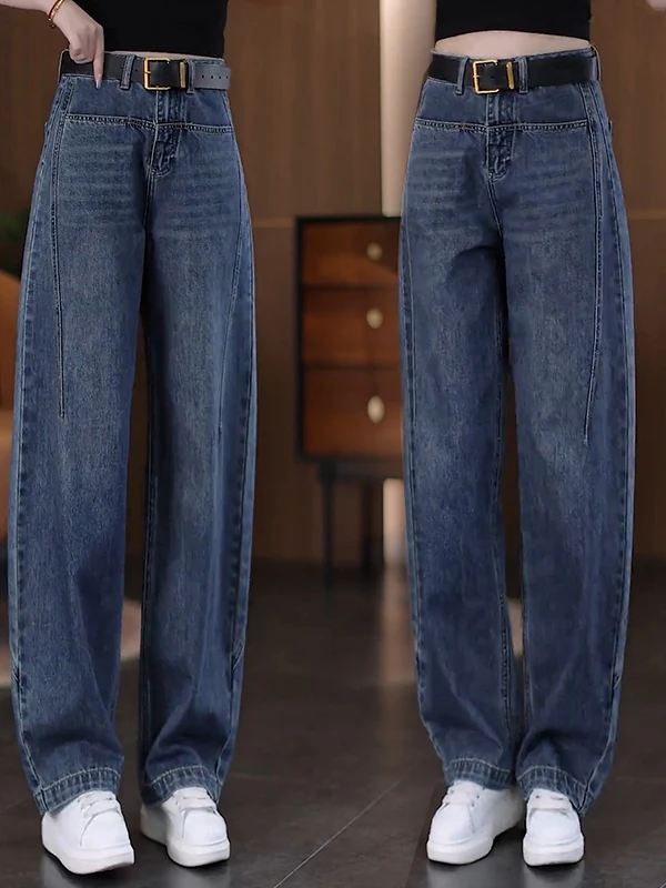 

Синие джинсовые брюки в стиле ретро, женские узкие широкие брюки с высокой талией, длинные повседневные джинсы, осенняя мода, большие размеры