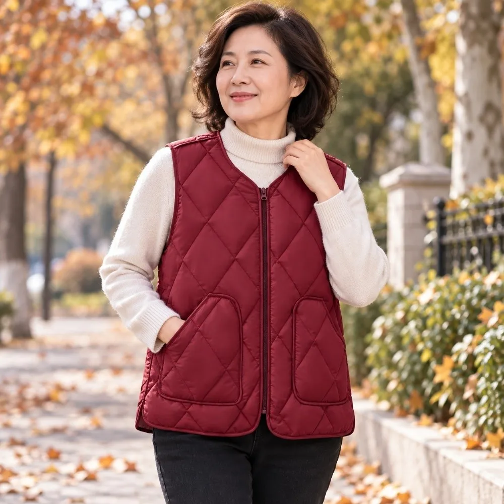 Loose Fit Zipper Closure Women's Vest Warm Cotton Fill Sleeveless Cotton Vest Plus Size Loose Waistcoat Autumn Winter