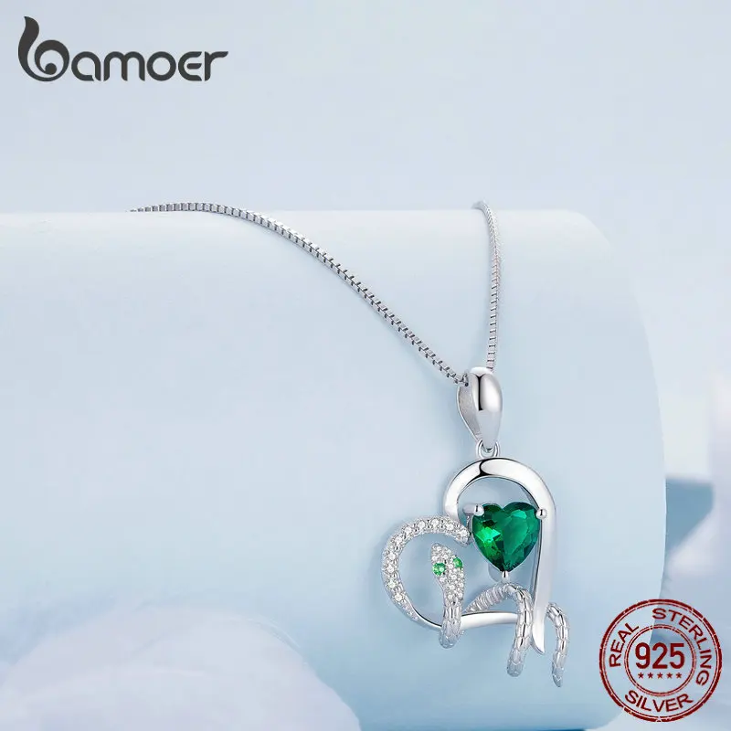 Bamoer 925 Sterling Silver Delicate Green Zircon Heart Pendant Necklace Snake Intertwine Love Neck Chain for Women Fine Jewelry